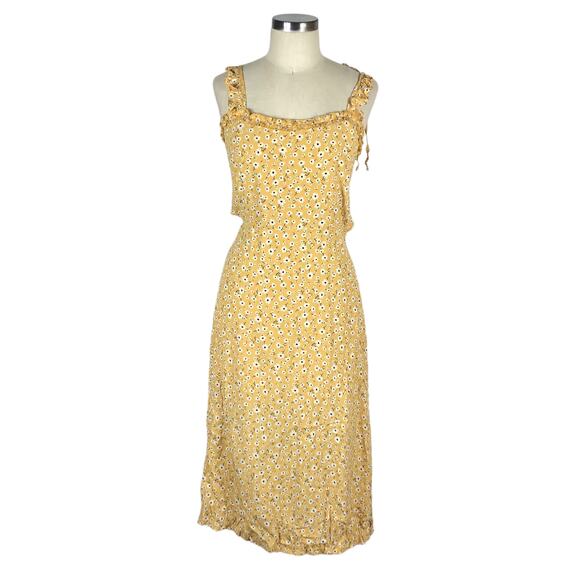 SKYLAR + MADISON Dress Yellow Floral Pattern Midi Dress Tie Back Ruffles Boho M - Picture 1 of 6